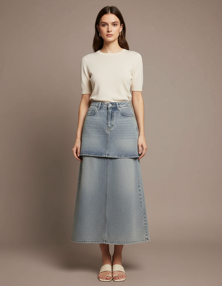 Pantalon Jupe Jean Bleu Clair Superposé Long Décontracté