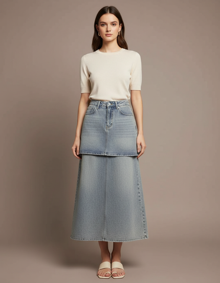 Pantalon Jupe Jean Bleu Clair Superposé Long Décontracté