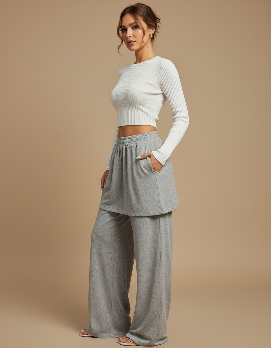 Pantalon Jupe Gris Ample Décontracté Fluide Confortable - Molleton