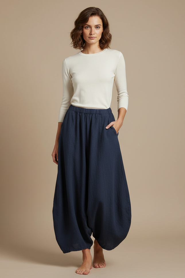Pantalon Jupe Ample Lin Coton Bleu Marine Femme