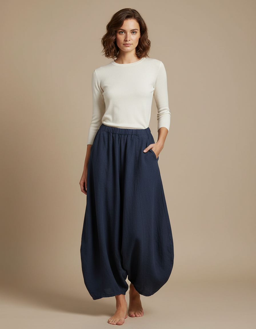 Pantalon Jupe Ample Lin Coton Bleu Marine Femme
