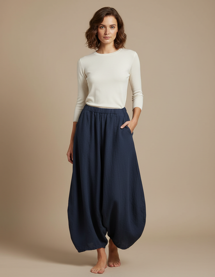 Pantalon Jupe Ample Lin Coton Bleu Marine Femme