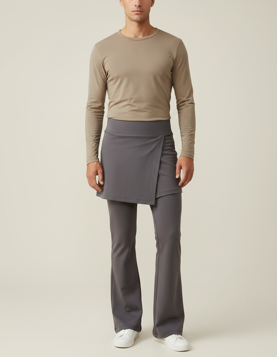 Pantalon Jupe Gris Asymétrique Ample Fluide Homme - Polyester