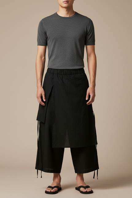 Pantalon Jupe Noir Ample Lin Coton Irrégulier