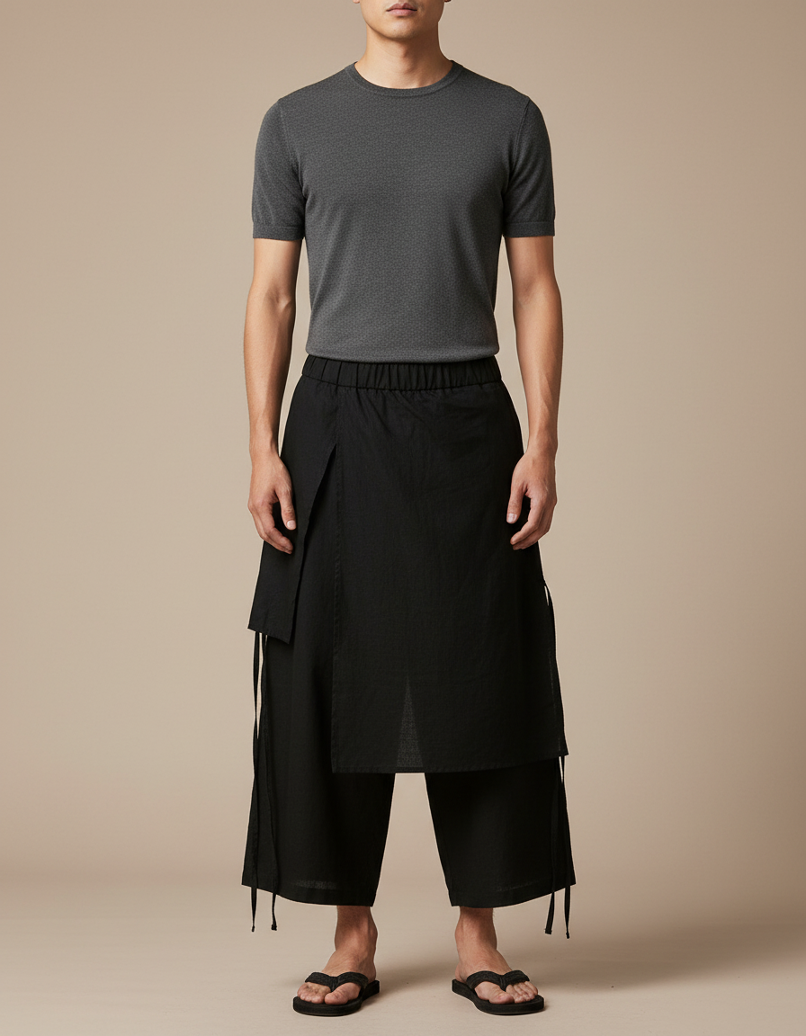 Pantalon Jupe Noir Ample Lin Coton Irrégulier