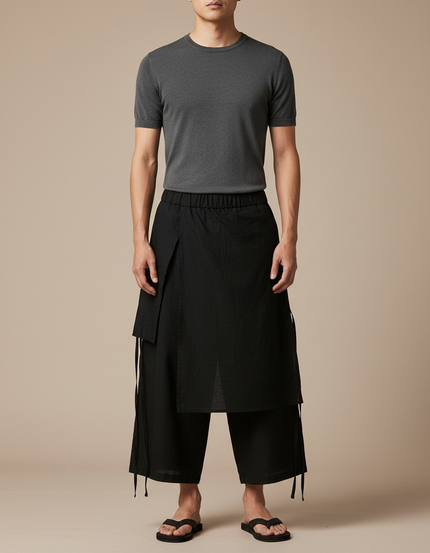Pantalon Jupe Noir Ample Lin Coton Irrégulier