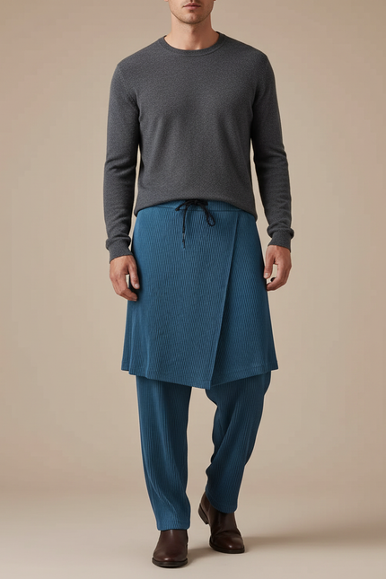 Pantalon Jupe Plissé Bleu Asymétrique Décontracté Homme - Polyester