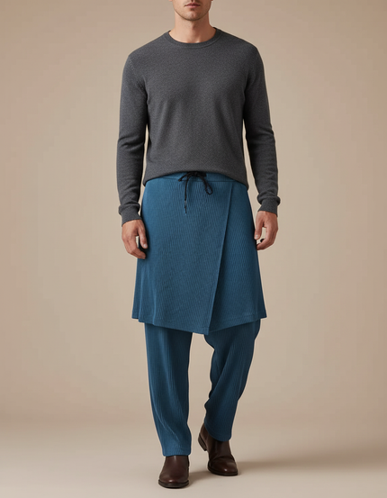 Pantalon Jupe Plissé Bleu Asymétrique Décontracté Homme - Polyester