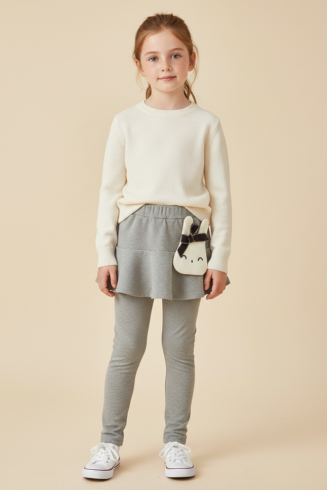 Pantalon Jupe Gris Volants Intégrés Motif Discret Fille - Maille