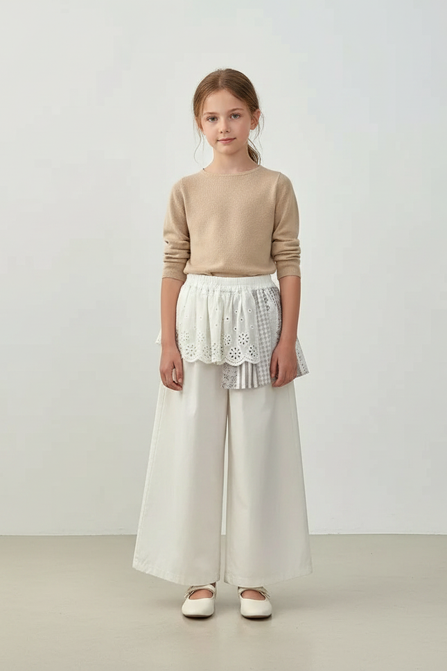 Pantalon Jupe Blanc Brodé Ample Décontracté Enfant - Toile