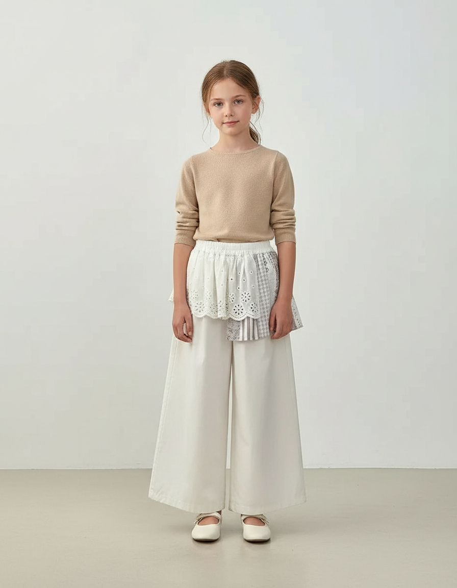 Pantalon Jupe Blanc Brodé Ample Décontracté Enfant - Toile