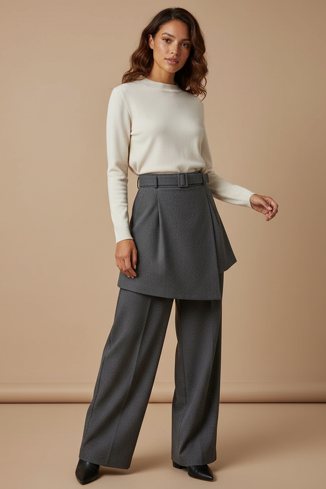 Pantalon Jupe Gris Élégant Plissé Large Ceinturé - Gabardine