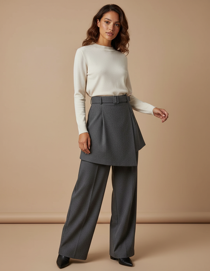 Pantalon Jupe Gris Élégant Plissé Large Ceinturé - Gabardine