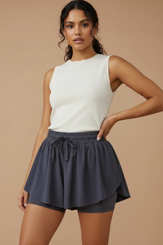 Pantalon Jupe Gris Plissé Fluide Sportif Intégré - Polyester