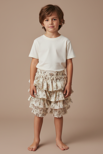 Pantalon Jupe Écru Volants Fleuris Coton Enfant - Beige