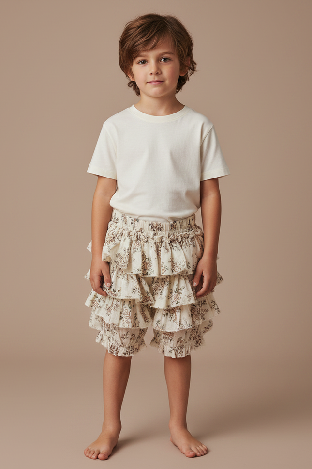 Pantalon Jupe Écru Volants Fleuris Coton Enfant - Beige