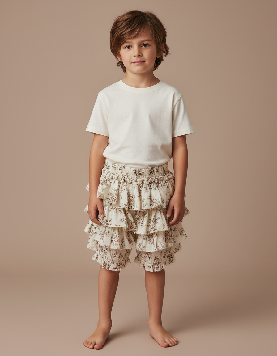 Pantalon Jupe Écru Volants Fleuris Coton Enfant - Beige