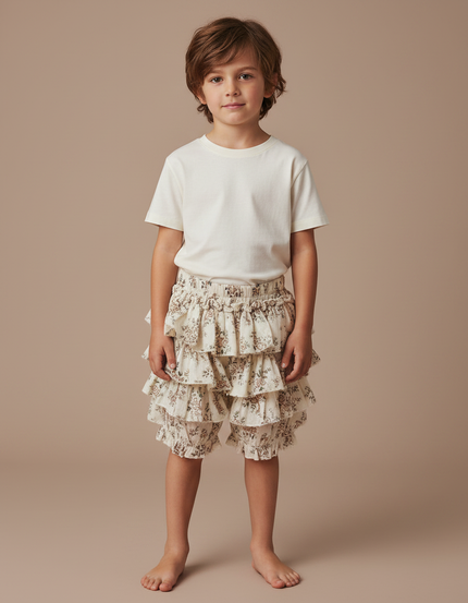 Pantalon Jupe Écru Volants Fleuris Coton Enfant - Beige