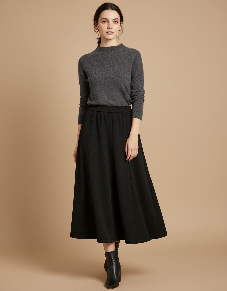 Pantalon Jupe Noir Long Évasé Élégant Hiver - Maille