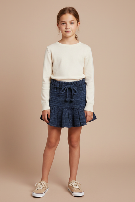 Pantalon Jupe Bleu Marine Tricoté Plissé Fille Vintage - Maille