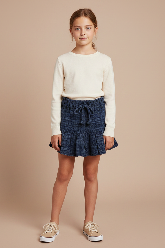 Pantalon Jupe Bleu Marine Tricoté Plissé Fille Vintage - Maille