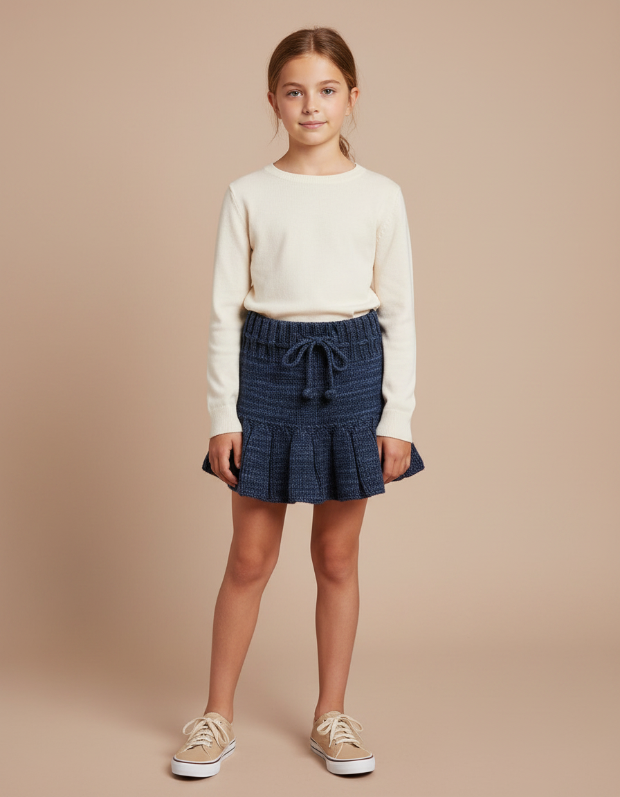 Pantalon Jupe Bleu Marine Tricoté Plissé Fille Vintage - Maille