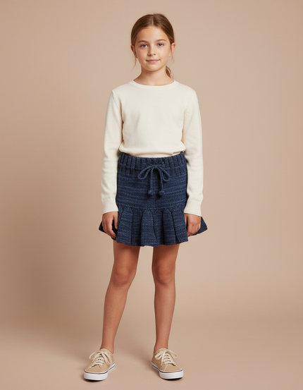 Pantalon Jupe Bleu Marine Tricoté Plissé Fille Vintage - Maille