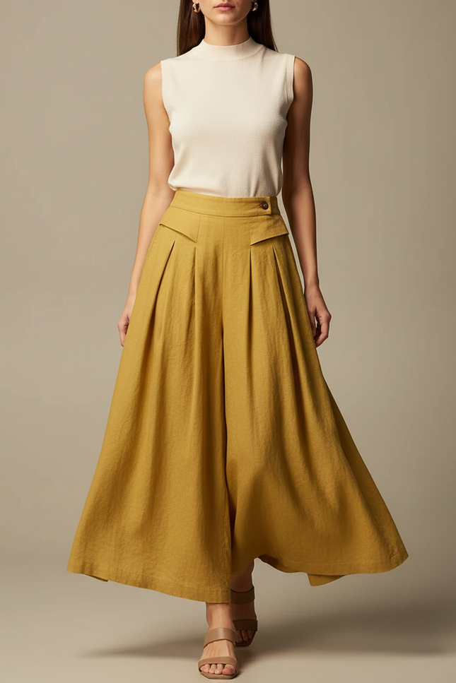 Pantalon Jupe Ample Lin Plissé Jaune Élégant