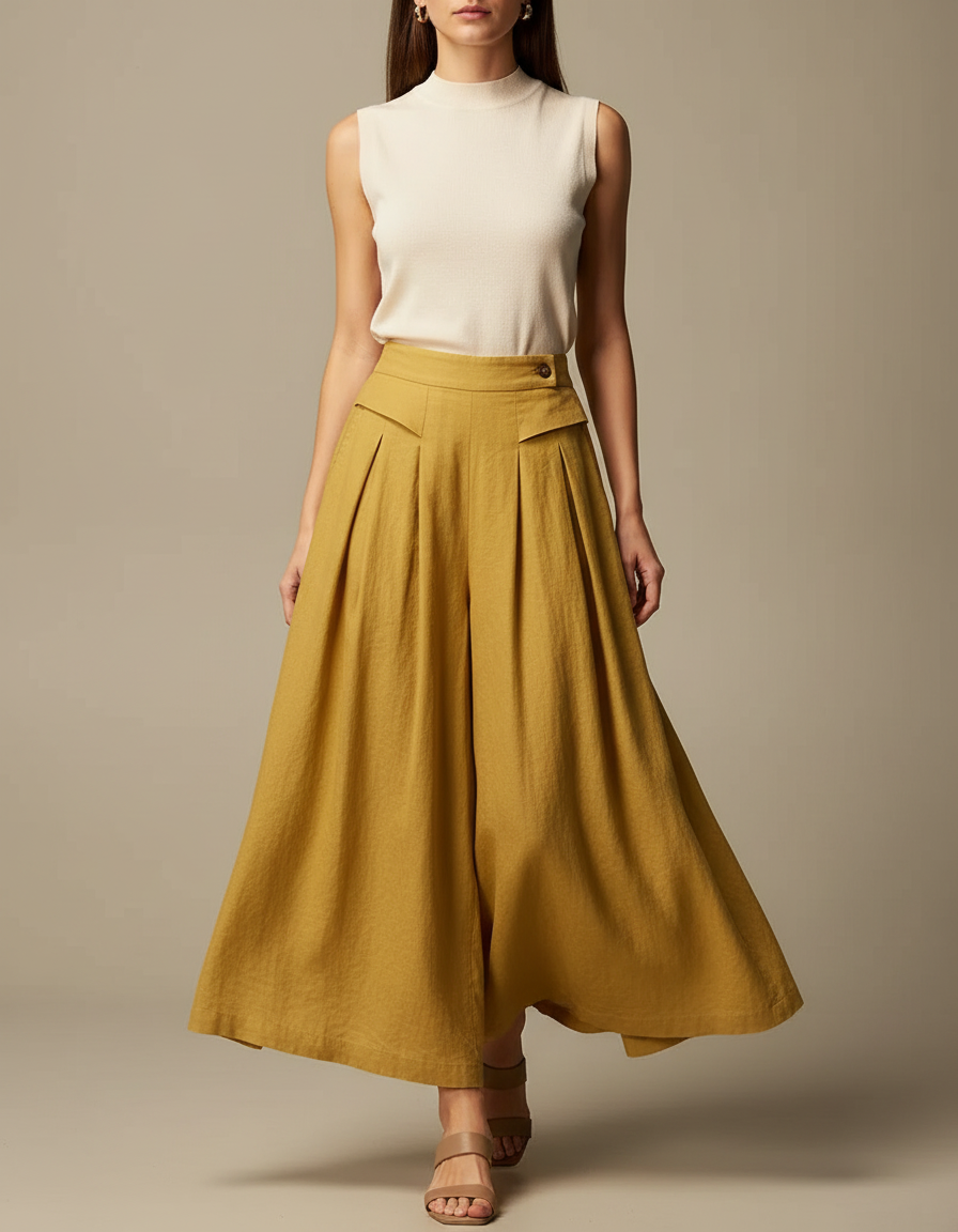 Pantalon Jupe Ample Lin Plissé Jaune Élégant