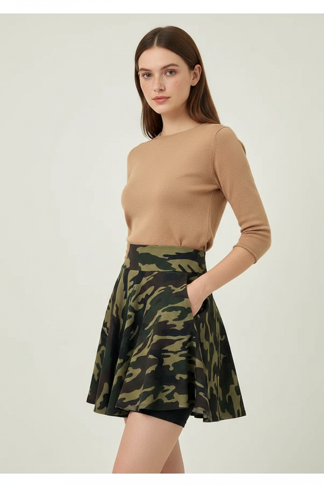 Pantalon Jupe Camouflage Évasé Court Décontracté Femme - Imprimé Maille