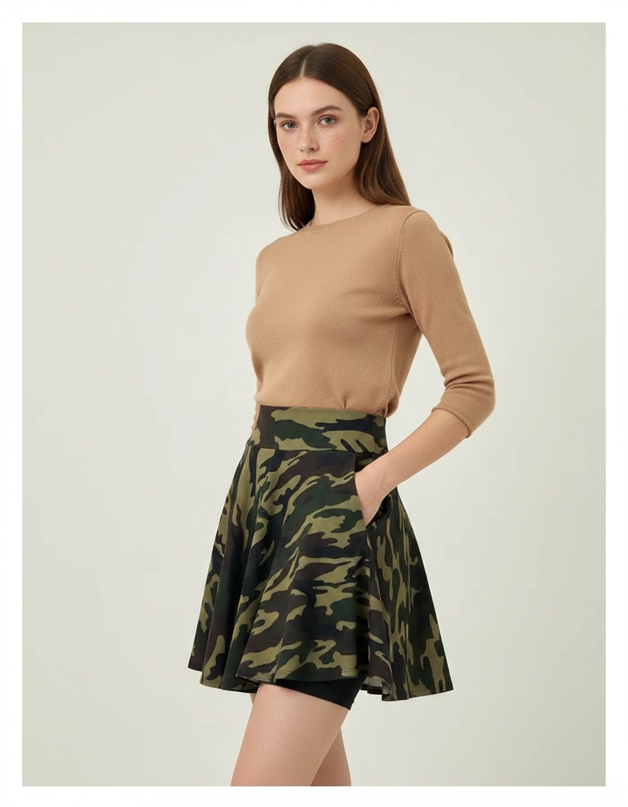 Pantalon Jupe Camouflage Évasé Court Décontracté Femme - Imprimé Maille