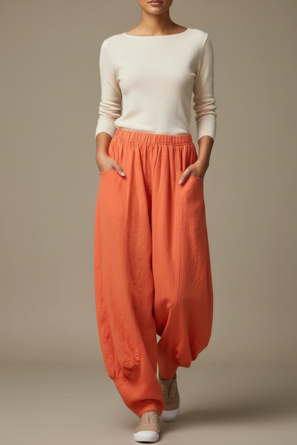 Pantalon Jupe Orange Ample Lin Coton Confortable