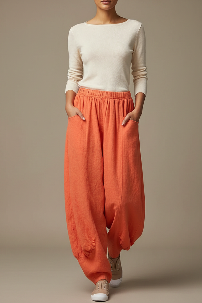 Pantalon Jupe Orange Ample Lin Coton Confortable