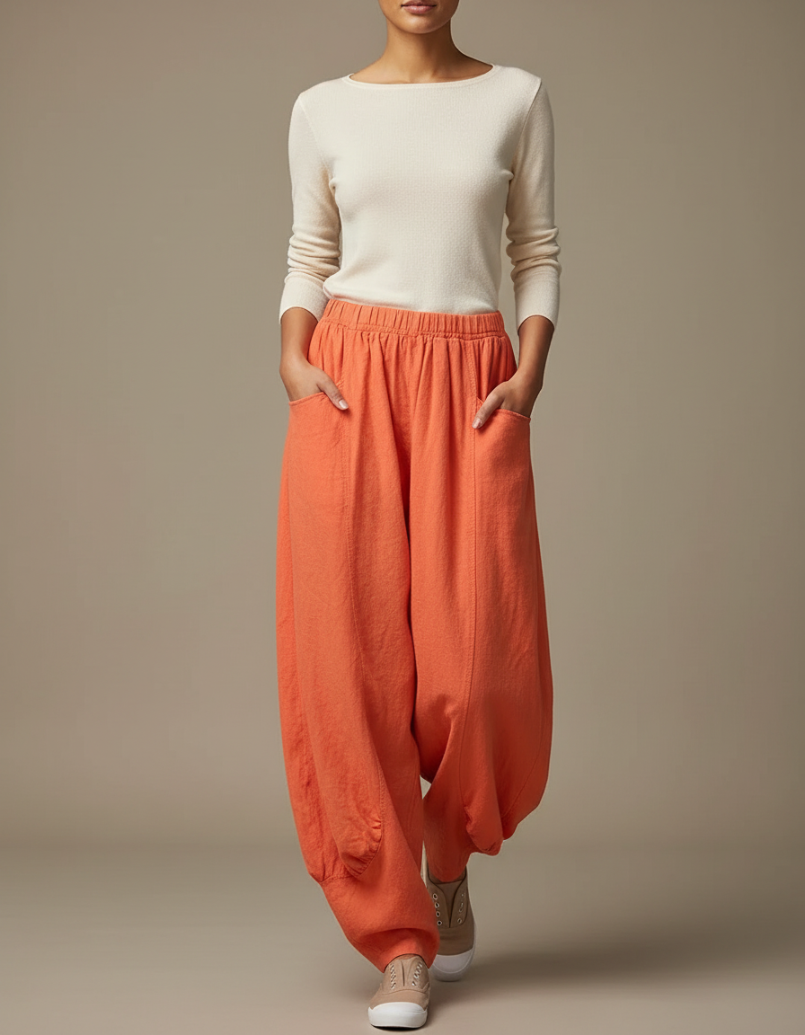 Pantalon Jupe Orange Ample Lin Coton Confortable