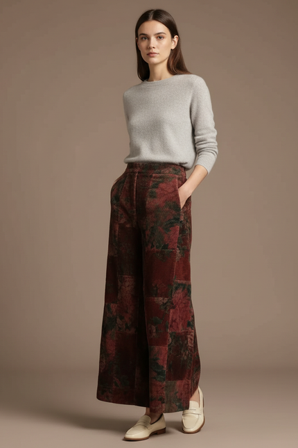 Pantalon Jupe Velours Côtelé Floral Vintage Ample Marron - Cordé