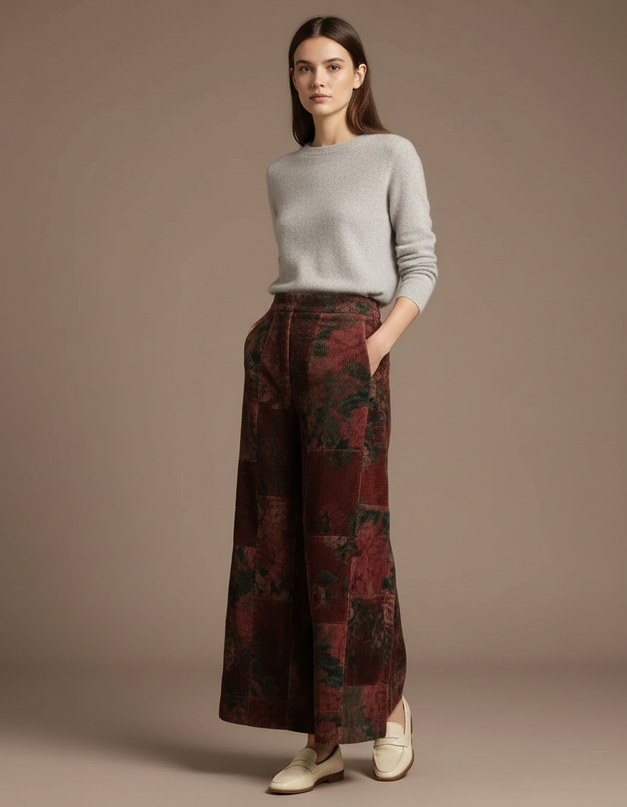 Pantalon Jupe Velours Côtelé Floral Vintage Ample Marron - Cordé