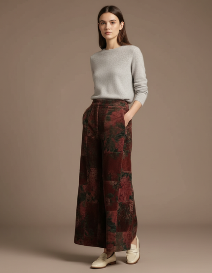 Pantalon Jupe Velours Côtelé Floral Vintage Ample Marron - Cordé