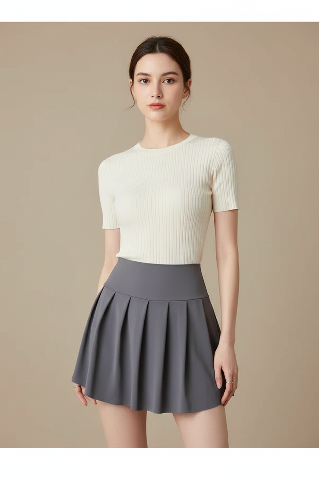 Pantalon Jupe Gris Plissé Court Sportif Intégré - Polyester