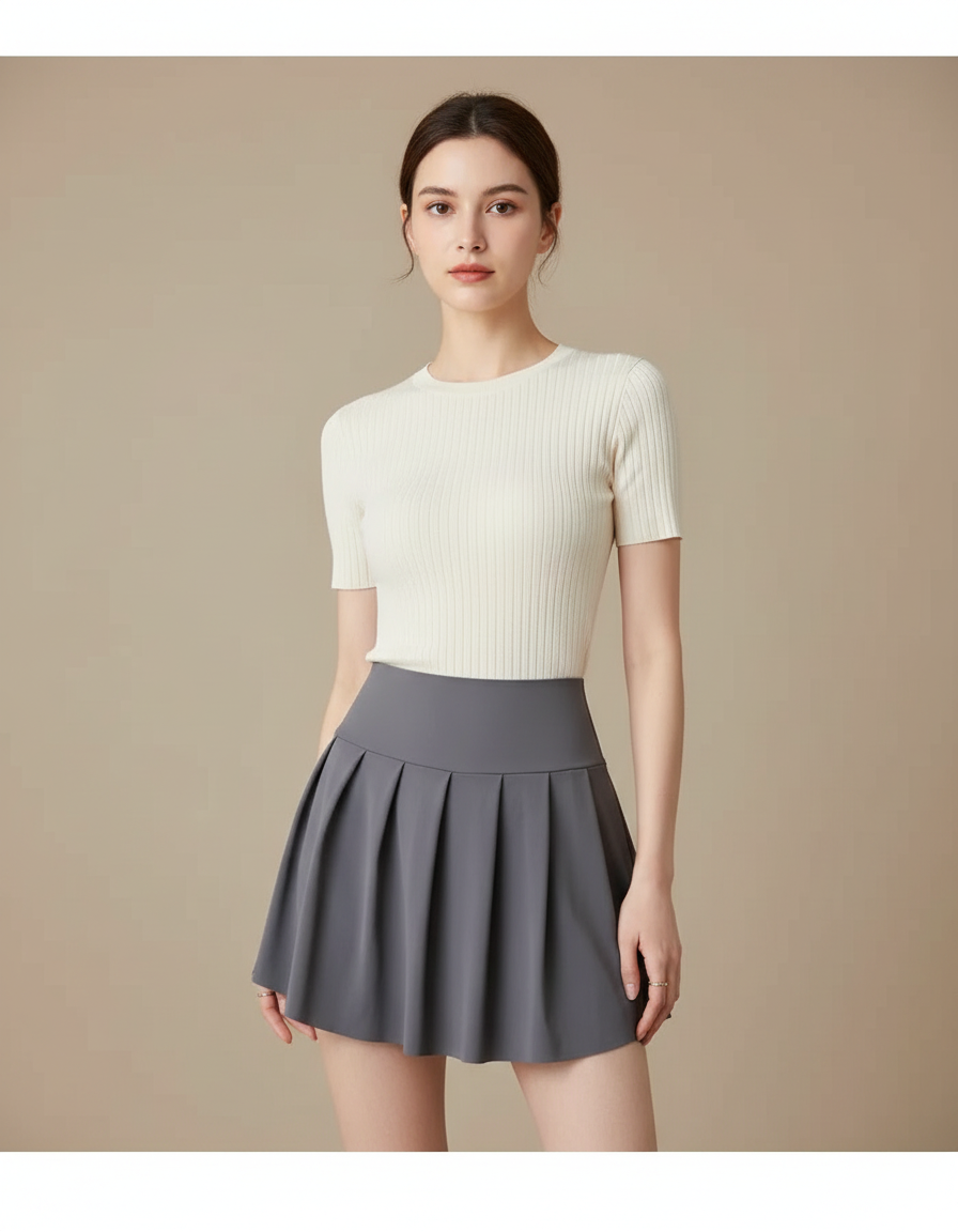 Pantalon Jupe Gris Plissé Court Sportif Intégré - Polyester
