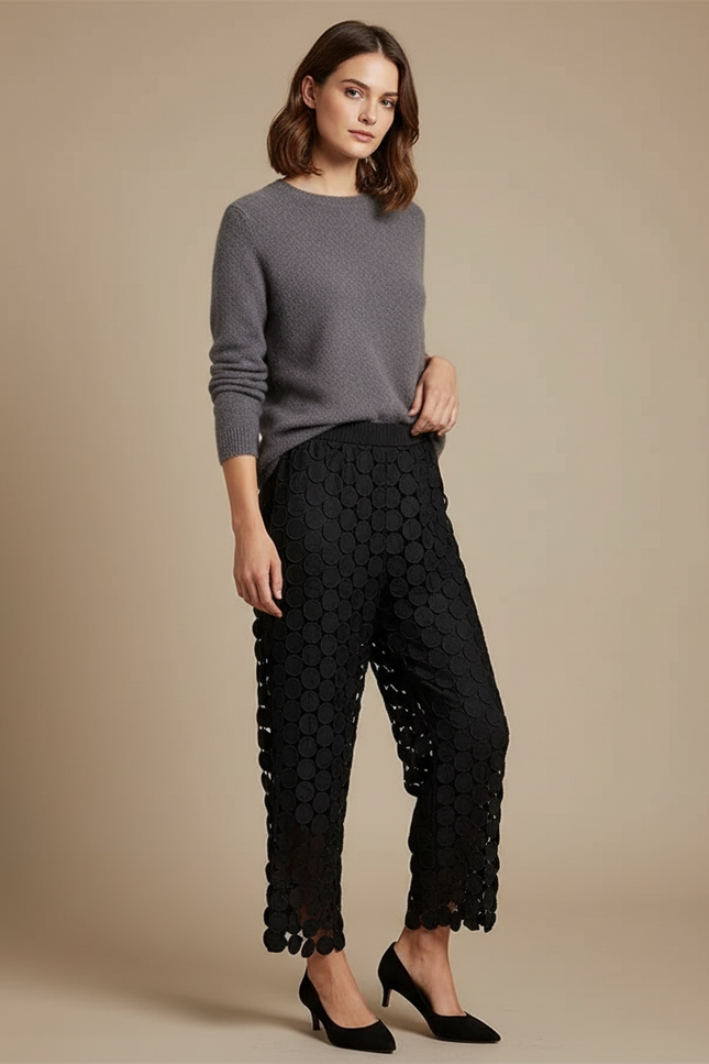 Pantalon Jupe Noir Dentelle Cercles Ample Élégant - Maille