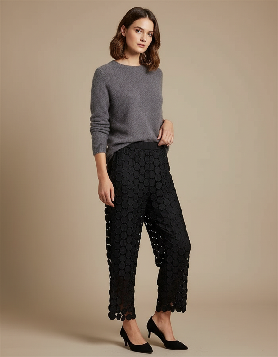Pantalon Jupe Noir Dentelle Cercles Ample Élégant - Maille