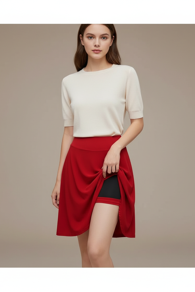 Pantalon Jupe Rouge Fluide Courte Plissée Élégante Femme - Noir Polyester