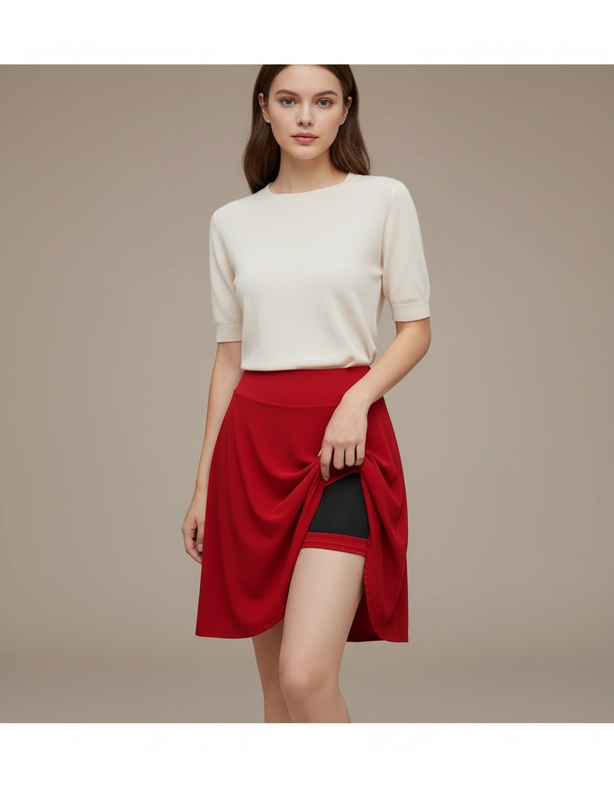 Pantalon Jupe Rouge Fluide Courte Plissée Élégante Femme - Noir Polyester