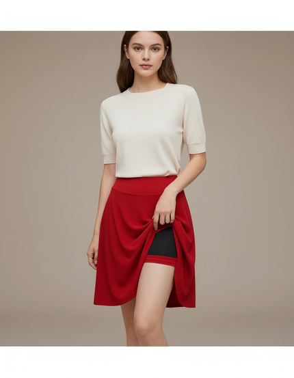 Pantalon Jupe Rouge Fluide Courte Plissée Élégante Femme - Noir Polyester