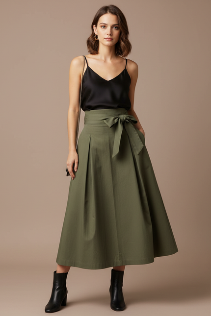 Pantalon Jupe Kaki Longue Plissée Ceinture Nœud Élégante - Toile