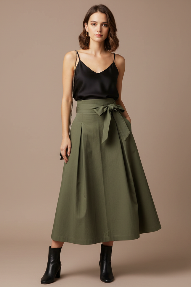 Pantalon Jupe Kaki Longue Plissée Ceinture Nœud Élégante - Toile