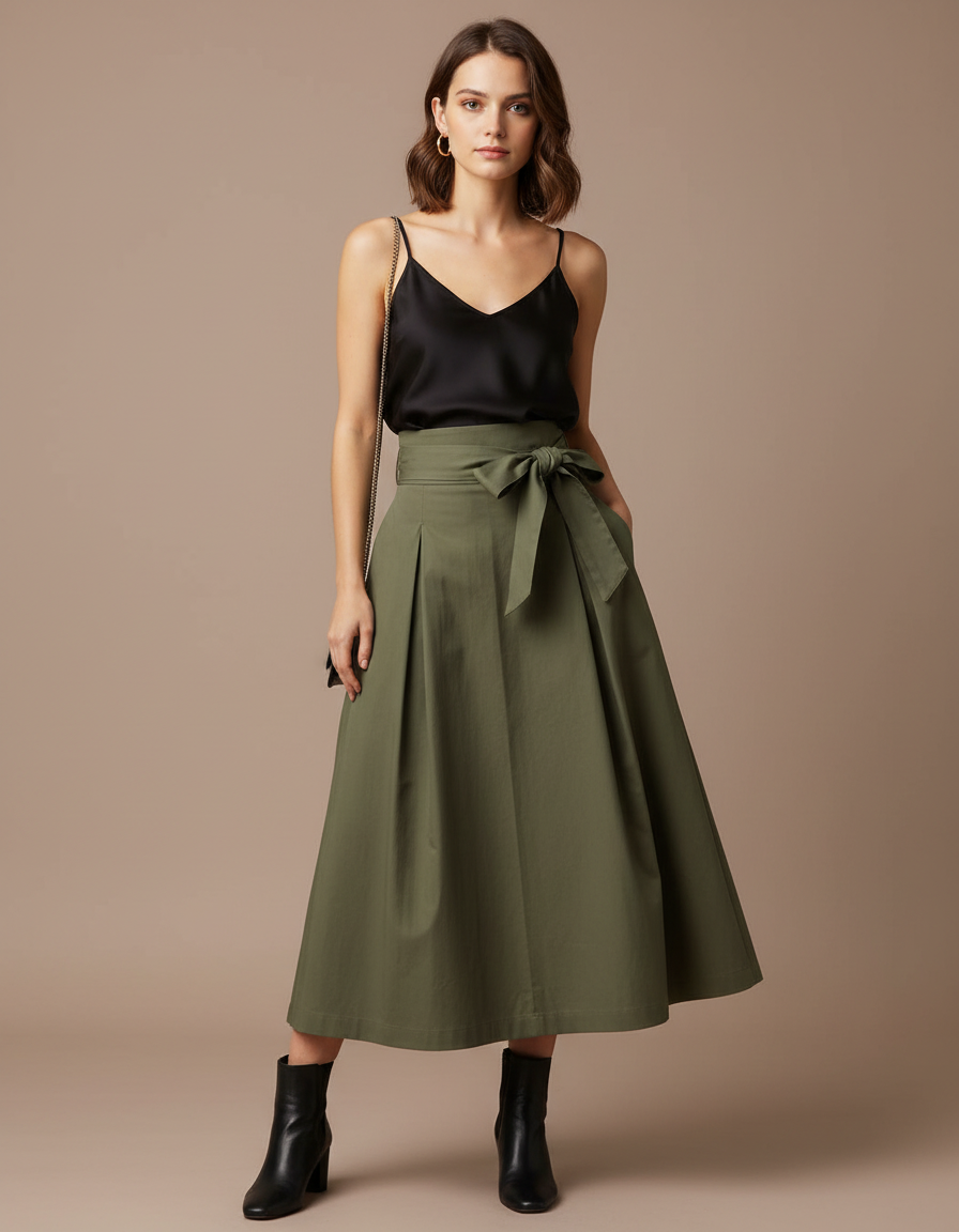 Pantalon Jupe Kaki Longue Plissée Ceinture Nœud Élégante - Toile