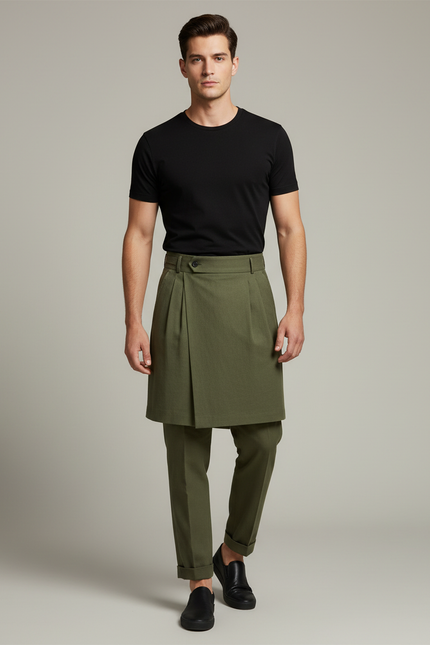 Pantalon Jupe Vert Militaire Plissé Drapé Élégant Homme - Kaki Gabardine