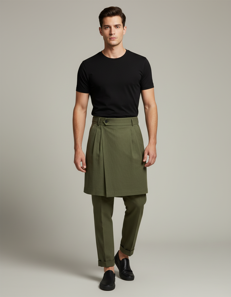 Pantalon Jupe Vert Militaire Plissé Drapé Élégant Homme - Kaki Gabardine