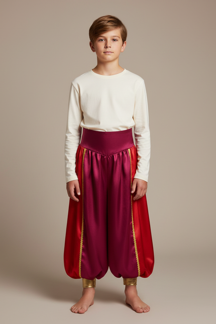 Pantalon Jupe Satiné Rouge Drapé Doré Garçon